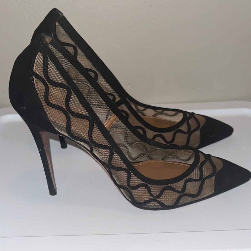 Aquazzura Black Mesh Wave Pointed-Toe Heels